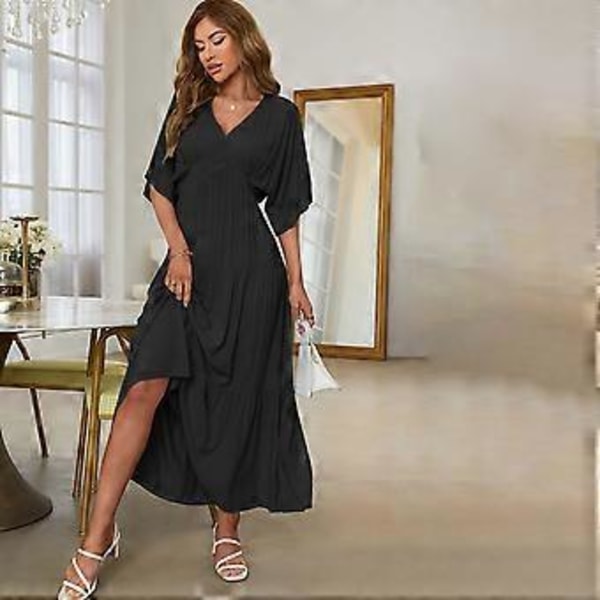 Dame Sommer V-hals ensfarvet flagermusærme ferie swing kjole sort (style5707)