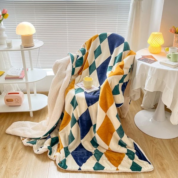 Varm och mjuk gul och blå fleecefilt, mysig Sherpa-soffa b