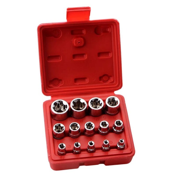 Set med 14 stjärnformade Torx-hylsor typ E I Ratschbox I Hylsa