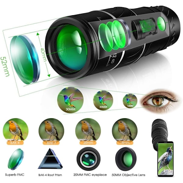 16x52 kaksoistarkennuskiikarit Zoom-monokulaari HD Mini-teleskooppi Spo