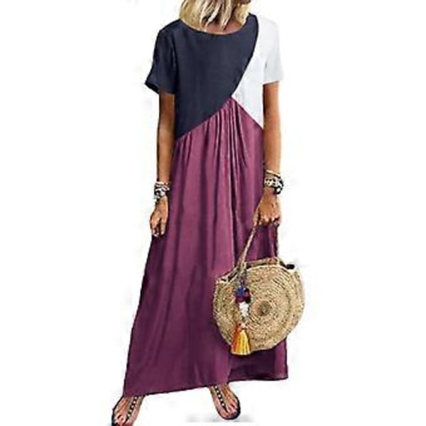 Kortærmet Maxikjole Dame Farveblok T-shirt Kjole Strand Lang Kjole Swing Kjole Afslappet Løs Lang Maxikjole Fuchsia M Fuchsia M