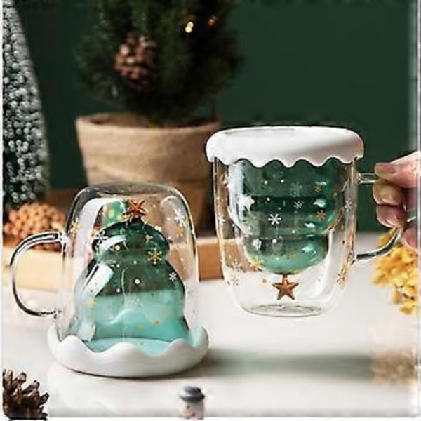 Jul-tema dubbelväggig isolerad glasmugg (med lock) - 300ml söt presentmugg, lämplig för kaffe och te