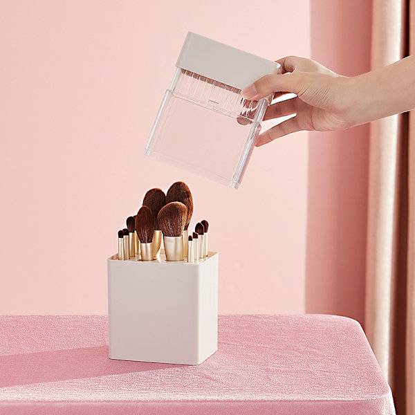Rosa anti-lock makeup borsthållare, transparent makeup borste förvaring