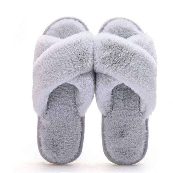 Dames tøfler i kunstig pels, varm grå flip-flops, hjemmesko med åpne tær, passer for jenter 36-37