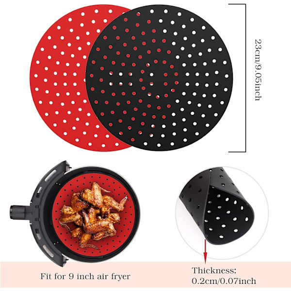 9 tuuman uudelleenkäytettävät Air Fryer -matot, 2 kappaletta liukumattomat pyöreät silikonit