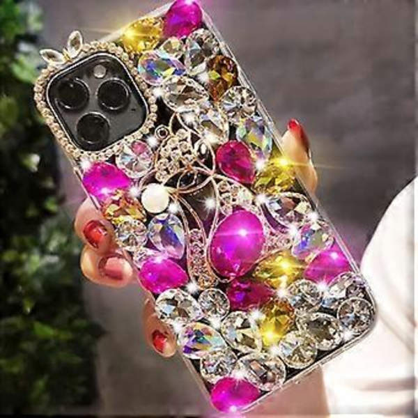 Kotelo yhteensopiva iPhone 13 Pro Max:n kanssa, 3D käsintehty ylellinen kiiltävä kristalli glitter strassi jalokivet kirkas kova PC-kotelo violetti B