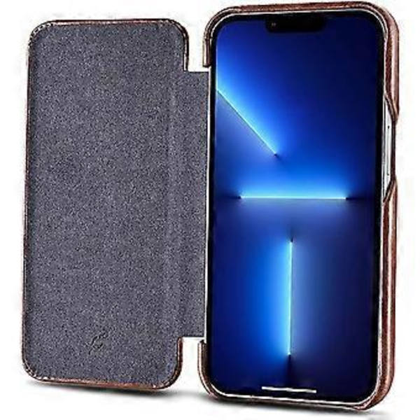 Läderfodral Kompatibelt med iPhone 13 Pro - Vintage Stil Äkta Läder Flip Folio Design Cover - Inbyggd Magnetisk Stängning - Brun