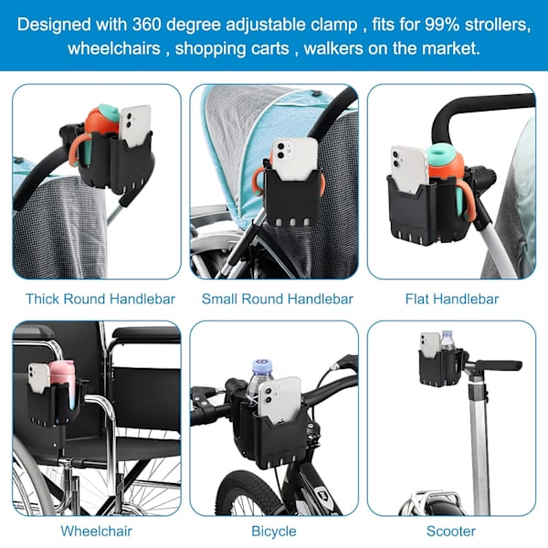 2-i-1 koppholder for barnevogn med telefonholder, universell koppholder