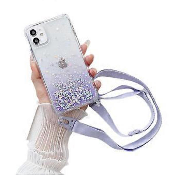 Glitter-liukuvärjätty puhelinkotelo, sopii iPhone 13 Promax -puhelimelle, läpinäkyvä puhelinkotelo leveällä crossbody-kaulanauhalla, violetti