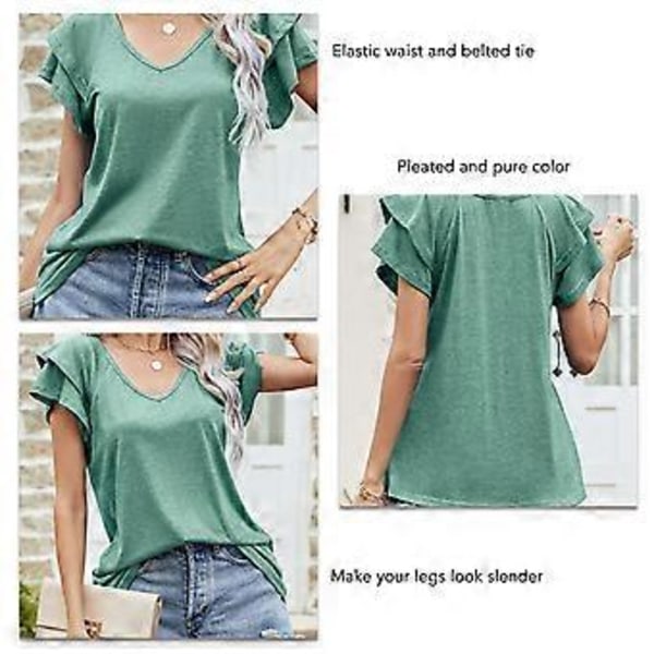 Grøn M Dame Top V-Hals Kort Dobbelt Lag Flæseærme Almindelig Løs Afslappet Komfortabel Sommer T-shirt