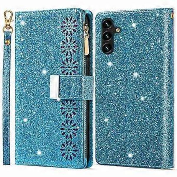 Fodral för Samsung Galaxy A15 4G/5G med Blixtlåsficka PU Läder Plånbok Glitterigt Telefonskal Style A
