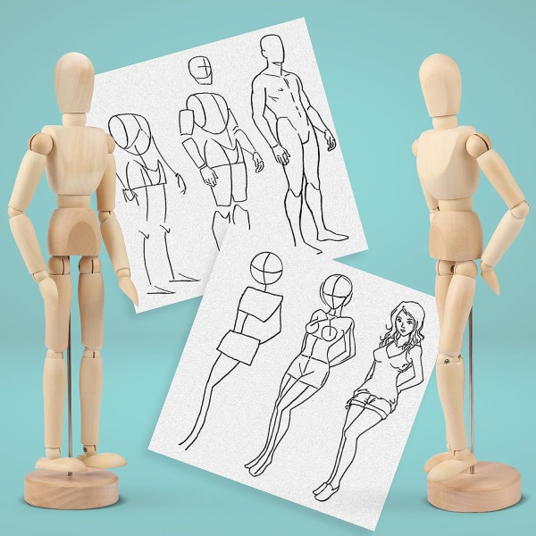 Wooden Mannequin with Stand 20cm (Set of 2) - Wooden Articulated