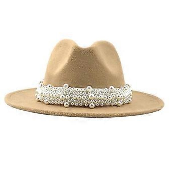 Cashmere Fedora-hatter med bred brem for kvinner og menn, dresshatter ensfarget Panama-hatt med perlebesatt dekorativ brem (Camel)