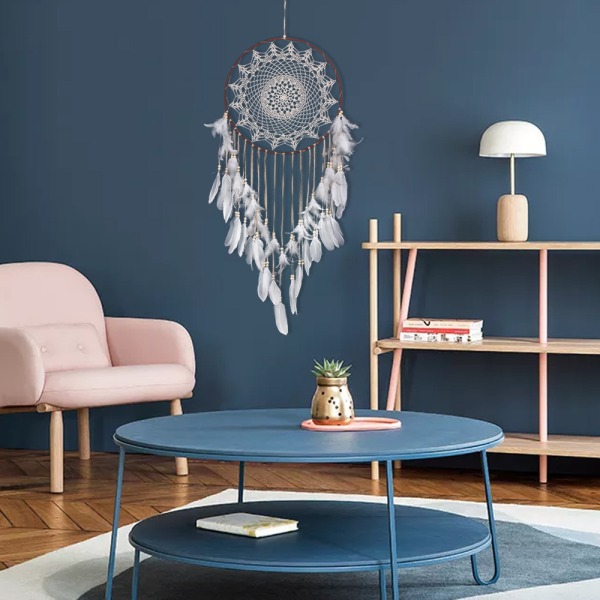 Boho Drømmekatcher med Lys - Stor Hvid Fjer Macrame Væghæng
