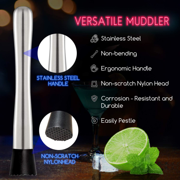 10 Inch Stainless Steel Cocktail Muddler and Mixing Spoon Home Ba