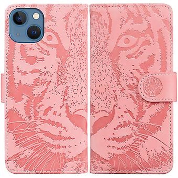 Tiger Präglat Läderfodral För iPhone 14 Pink