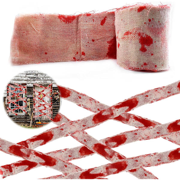 Halloween Fright Tape Bundle, 1 stk Blodig Spøkelseshus Gasbind Skummel Skummel Stoff Draperi Klede Rom Vindu Vegg Dør Deksel, Blodige Klamrer og Advarselstape（8CM*5M）