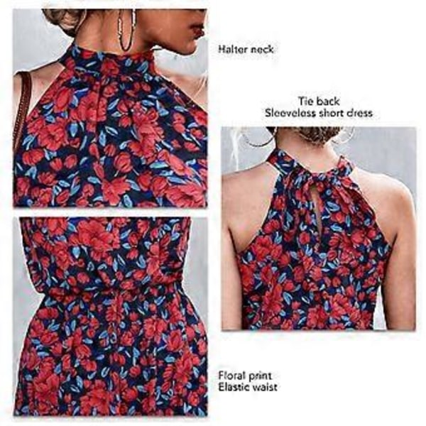 Halterneck Kjole med Bindebånd i Ryggen Kort Kjole Dame Sommer Elegant Elastisk Talje Blomsterprint Kjole til Dates
