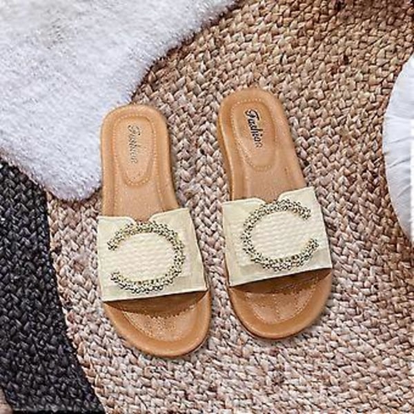 Damesko Slippers Slip on Sandaler Myk Strand Komfortabel Åpen Tå Fest Pyntet Anti-skli Såler Mote Slides Dame Flate Sandaler (Hvit Lengde 23.5cm) White Length 23.5cm
