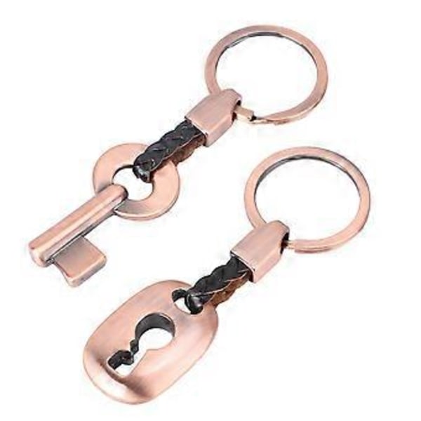 2 stk. Kreativt mode læder par nøglering nøgle kæde ring nøglering nøgle lås gave (rød bronze)