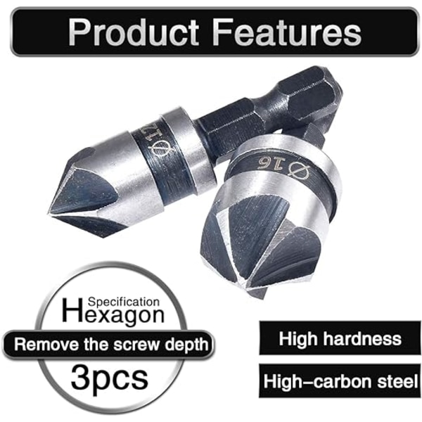 3 stk 1/4'' Hex 5 Fløyter 90° 1/2'' 5/8'' 3/4'' Forsenker Bor