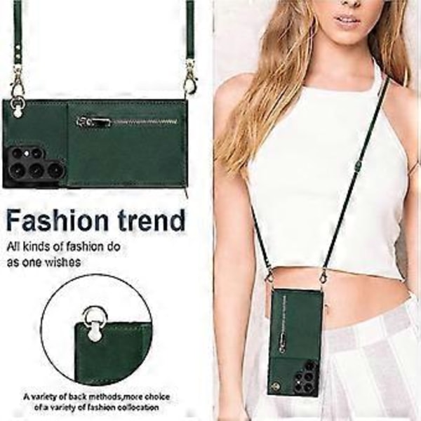 Plånboksfodral i Läder för Samsung Galaxy S21 Ultra 5G Crossbody med Rem Korthållare 6.8'' Ställbart Flipfodral (grön)