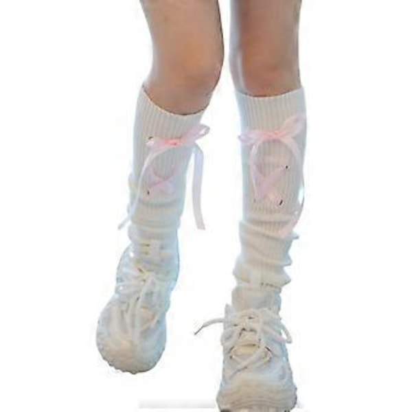 Sivussa kaksoisraidalliset neulotut joustavat säärystimet naisille ja tytöille, suloiset rusettisäärystimet, jalattomat pitkät saapassukat ribbon bow white