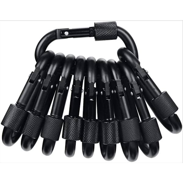 Sæt med 10 Sorte D-formede Karabiner, Aluminium Karabiner, Sort