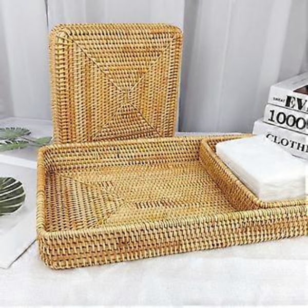 Rattanbricka Bordsskiva Organisation Handvävd Snacksförvaringskorg Multifunktionell Serveringsbricka 3 st Set