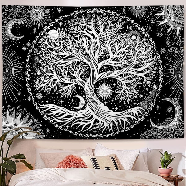 Elämänpuu (180x230cm) Musta kuu ja aurinko -seinavaate Psykedeelinen
