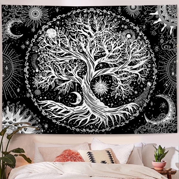 Livets träd (150x200cm) Svart måne- och soltapet Psykedeliskt