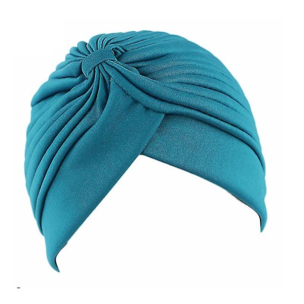 Kvinnor Muslim Turban Plisserad Cap Huvud Wrap Bandana Chemo Islamic Hat Headwear.Acid Blue.