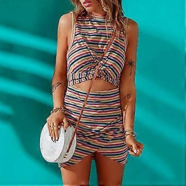 Udhulet Twist Wrap Kjole Farverigt Trykt Mønster Rund Hals Ærmeløs Dame Twist Wrap Bodycon