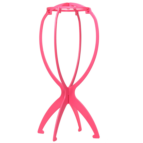 En uppsättning av 6 perukställningar i plast, 3 svarta + 3 rosa perukställningar, hopfällbara