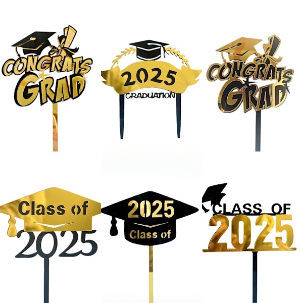 10 stycken 2025 studentdekorationer för tårta, doktorandhatt tårtdekoration, akryl tårtetikett, lämplig för studentfest, guldfärg, B