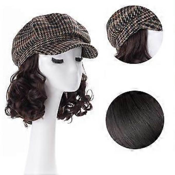 Tyylikäs kahdeksan paneelin hattu, mukava Quick Styles -hattu realistisilla kiharoilla hiuksilla juhliin tai jokapäiväiseen elämään, ruskea musta brown black