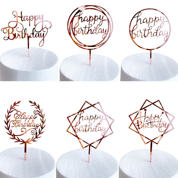 6-pakkauksen Onnellinen Syntymäpäivä Kakku Lisäosa (Ruusukulta), akryyli cupcake i