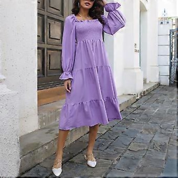 Dame Lanterne Langærmet Kjole Off Shoulder Bryst Rynket Flæseærme Ensfarvet Hem Kjole