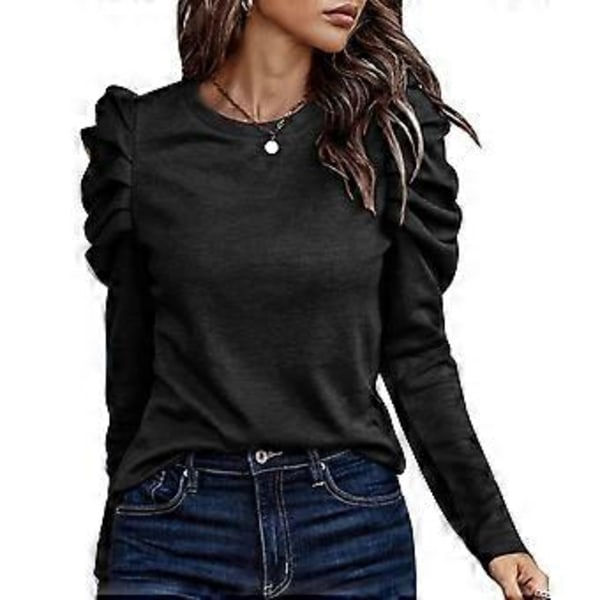 Dam Puff Långärmad Topp Rund Hals Knappdekoration Lös Passform Casual Pullover Blus Svart XXL