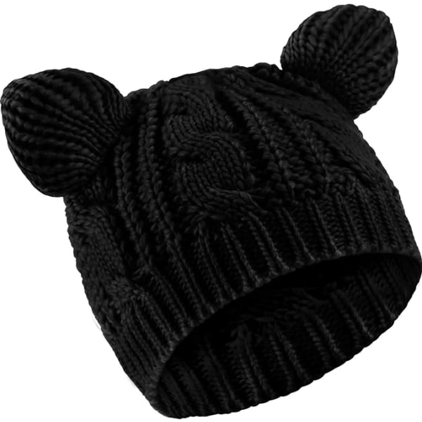 Cat Ear Beanie Hat-Black Söt Cat Stickad Hat Vinterstickad Kabel