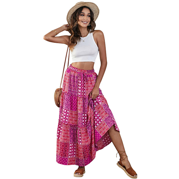 Boheme strandnederdel, sommer strandnederdel, komfortabel etnisk stil printet lang nederdel, M, rød Red M