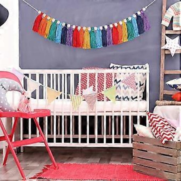 82 tommer Regnbue Kvaster Guirlande til Klasseværelsesindretning Boho Kvaster Guirlande Vægophæng Farverig Kvast Banner med Træperler til Fest N