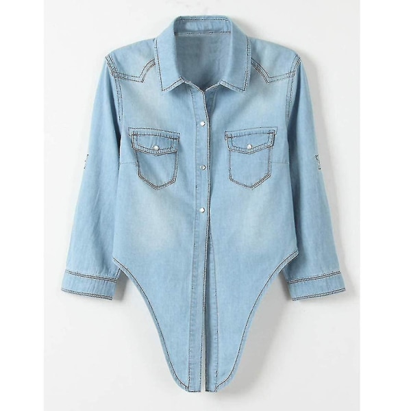 Dame Casual 3/4 Ærme Knap Ned Crop Jean Top Knude Slips Denim Skjorte Jakke.S.lyseblå light blue S
