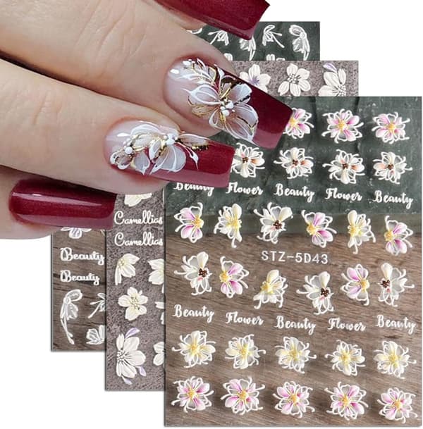 5D Nagelsticker Design Nageldekaler 4 Ark Nageldekaler Blomma A