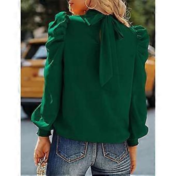 Dame Lang Puff Erme Topper Skjorte Moderne Elegant Løs Casual Ren Farge Høy Hals Bluse for Arbeid Grønn XL