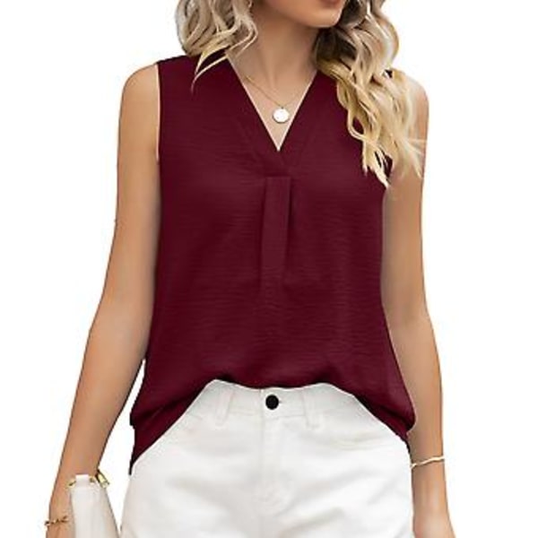 Ärmlös damtopp V-ringad enfärgad lös passform andningsbar trendig sommartanktopp (LWine Red) Wine Red L