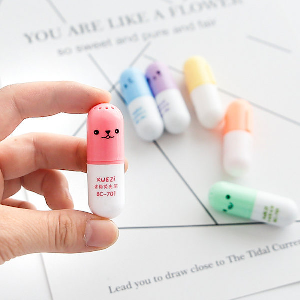6 st/set Mini pillerformade highlighterpennor för att skriva söt ansikte
