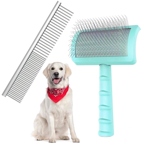 Stor fast Slicker børste & kæmmesæt til kæledyr, ekstra lang nål Slicker børste til hunde Goldendoodles, stor hundepleje trådbørste og fjernelse af hår, fjerner langt og løst hår & underuld, 25mm(1\")(Grøn)