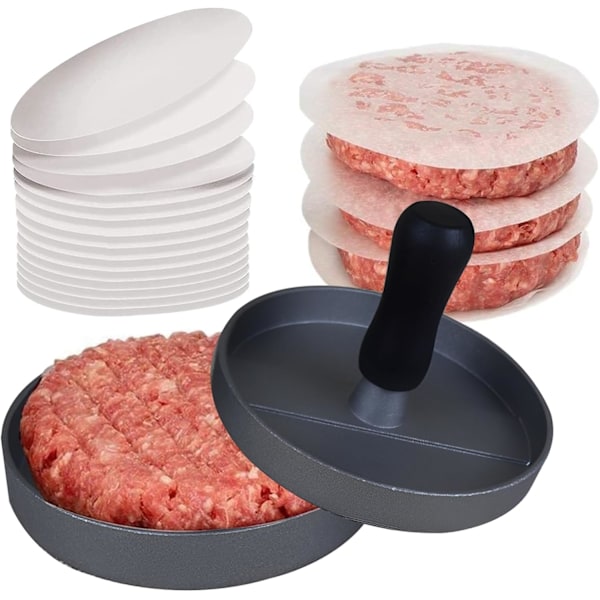 Burgerpresse med 100 vokspapir, ikke-klæbende kødpatty hamburgerpresse burgerproducent til grill, bagning, fyldte burgere, oksekød