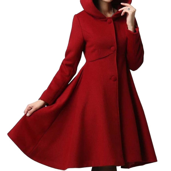 Enkelknäppt ullkappa för kvinnor, röd swinghuvkappa, varma vinterytterkläder, ullkappa med luva, julkappa.S.